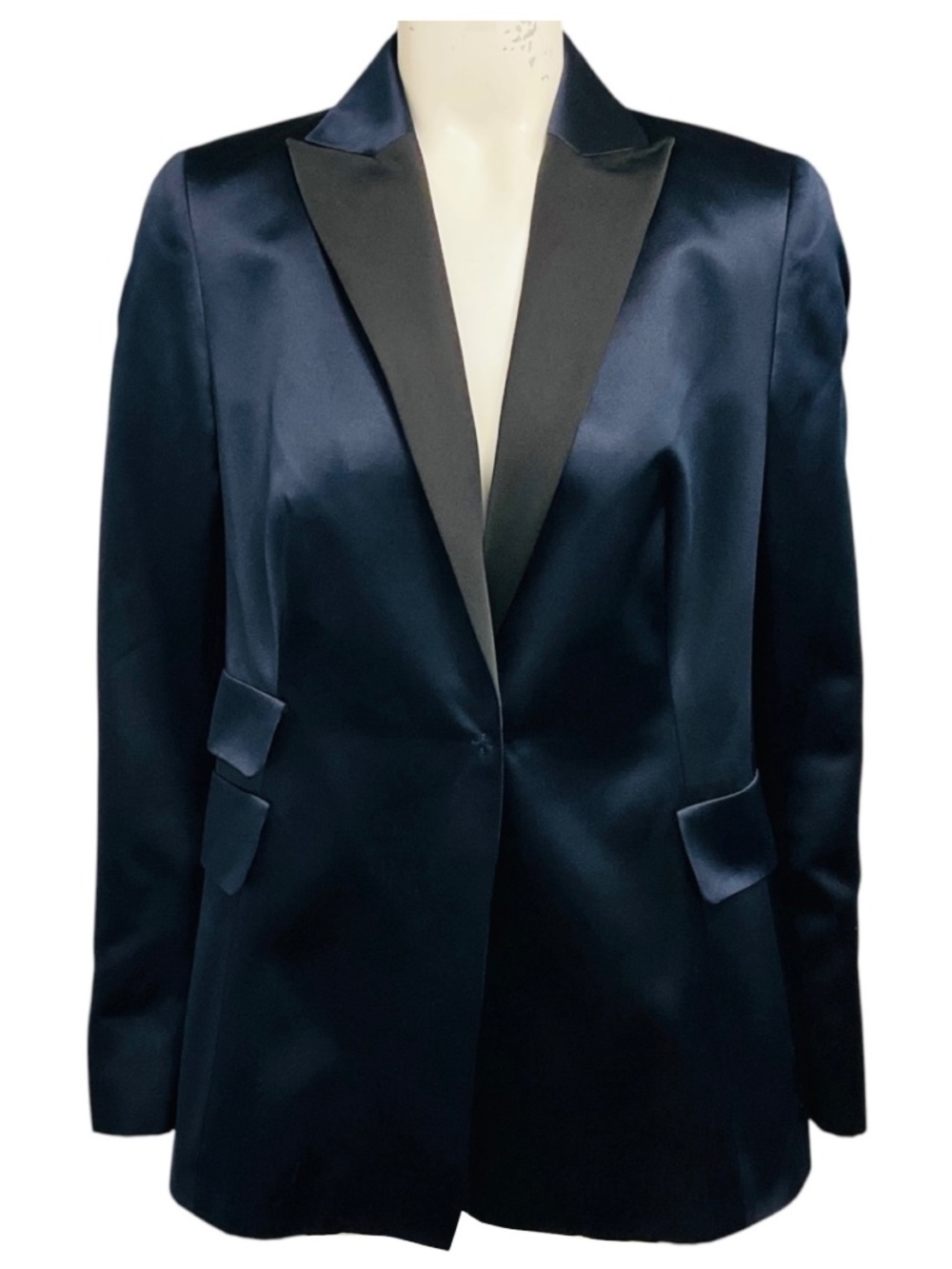 AKRIS NAVY BLUE / BLACK SILK TUXEDO BLAZER JACKET
